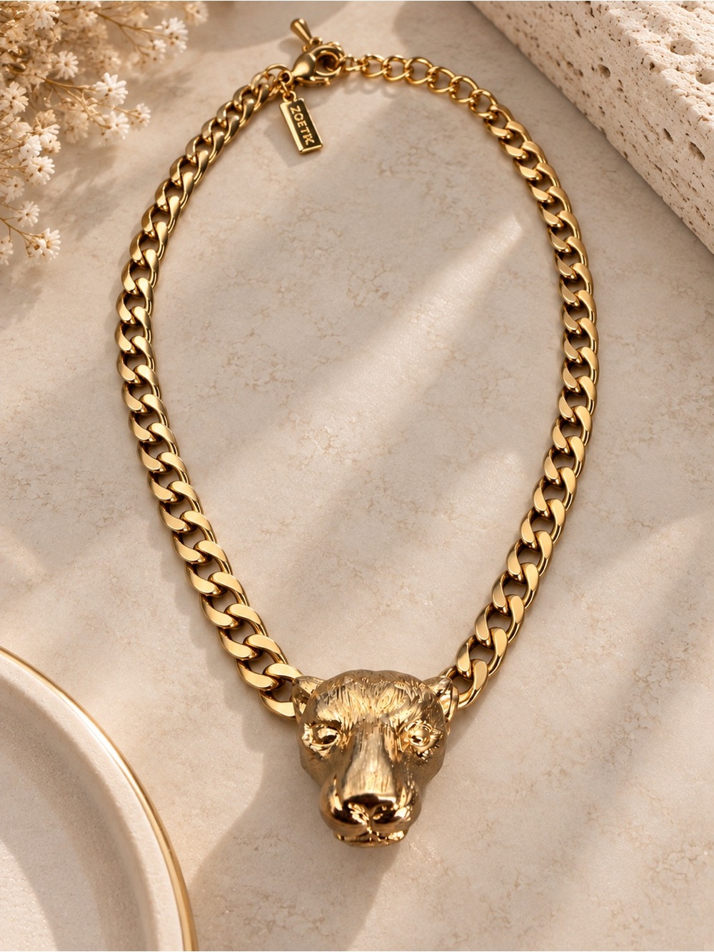 ZOETIK Gold Tone Lion Head Chunky Curb Chain Statement Necklace